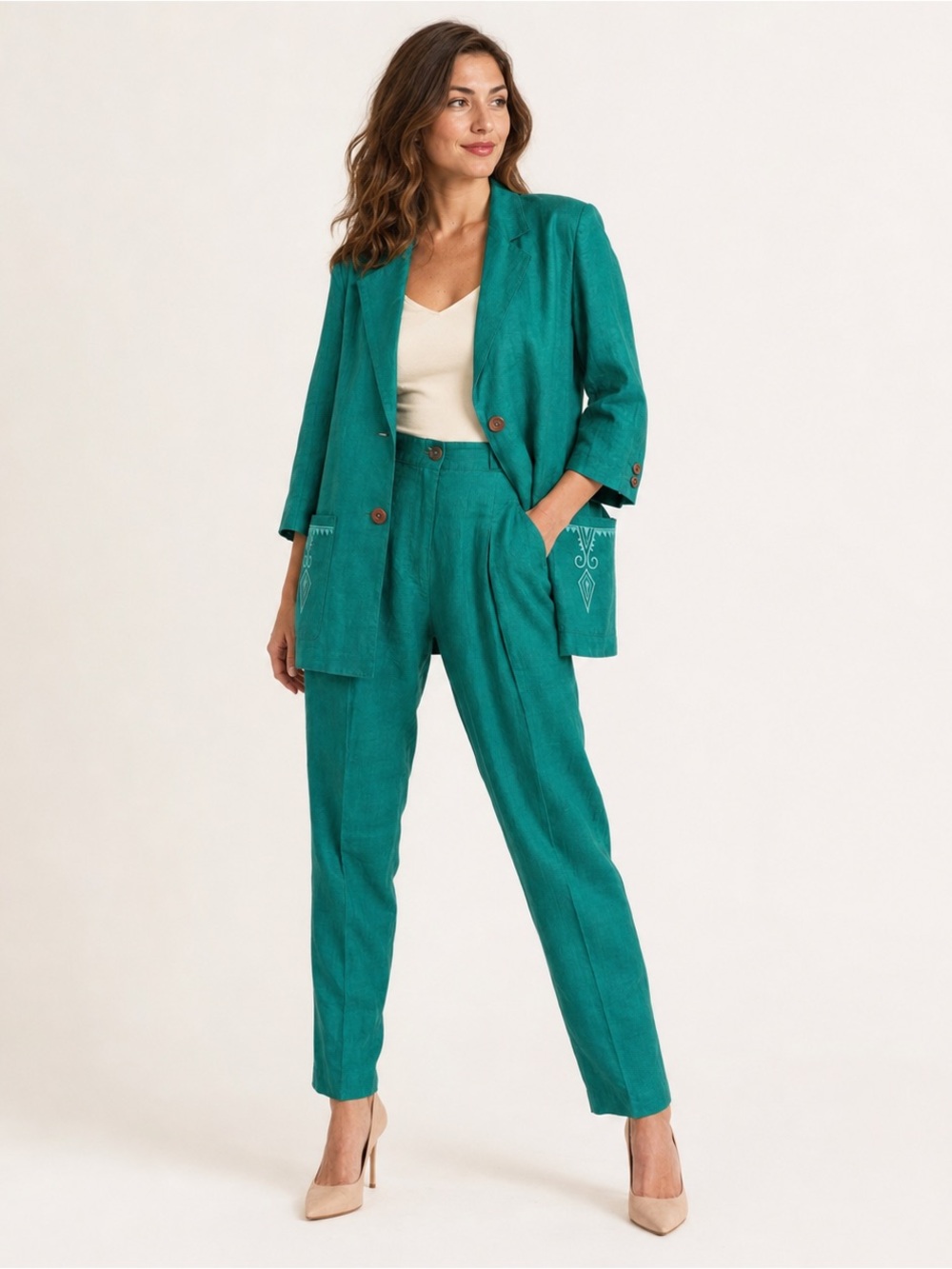 Vintage 100% Linen Debbie Shuchat Green Linen Pantsuit 4/6